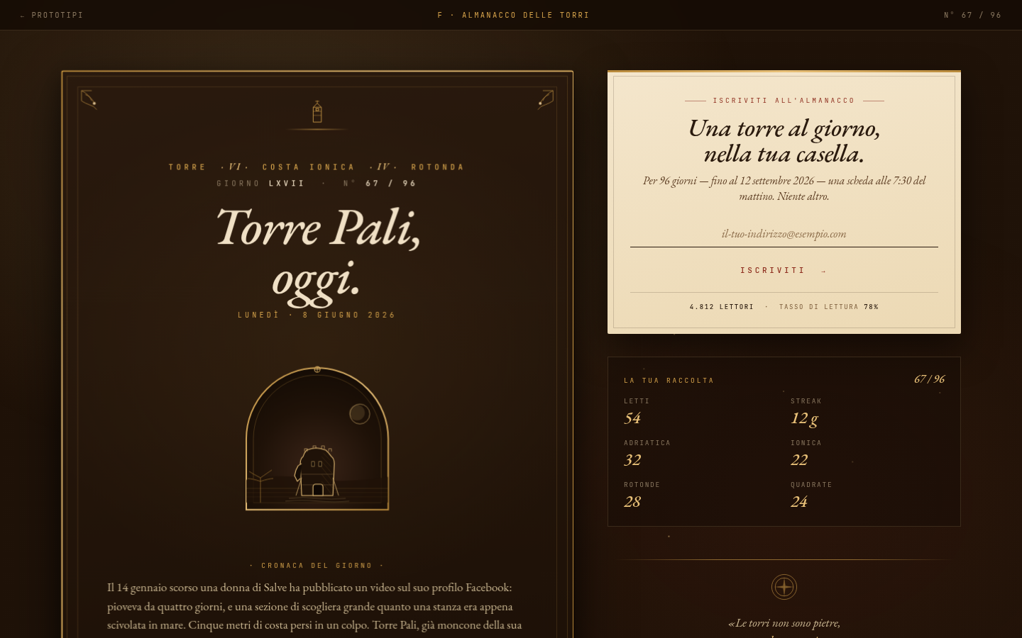 Almanacco — tarot card dorata con medaglione e griglia 96 giorni