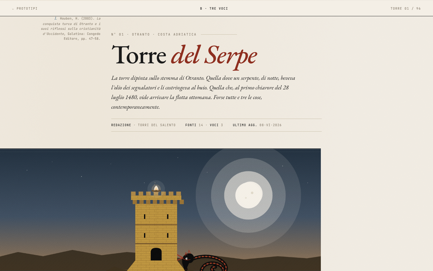 Tre voci — hero col serpente araldico che respira nel crepuscolo